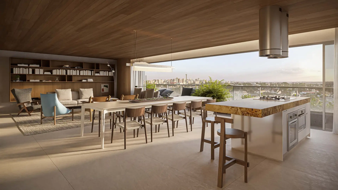 Perspectiva artística da sala com cozinha aberta - apto de 212m²