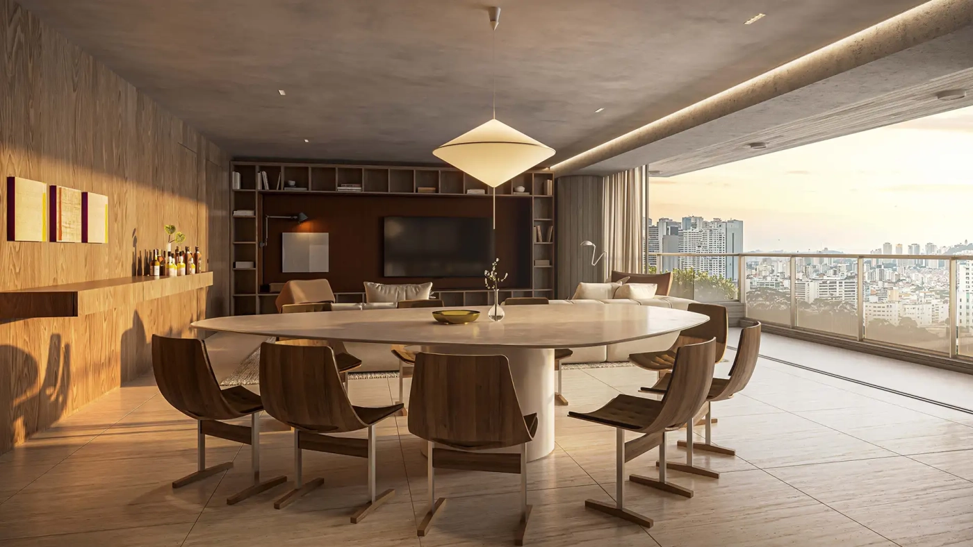 Perspectiva artística da sala com cozinha fechada - apto de 212m²