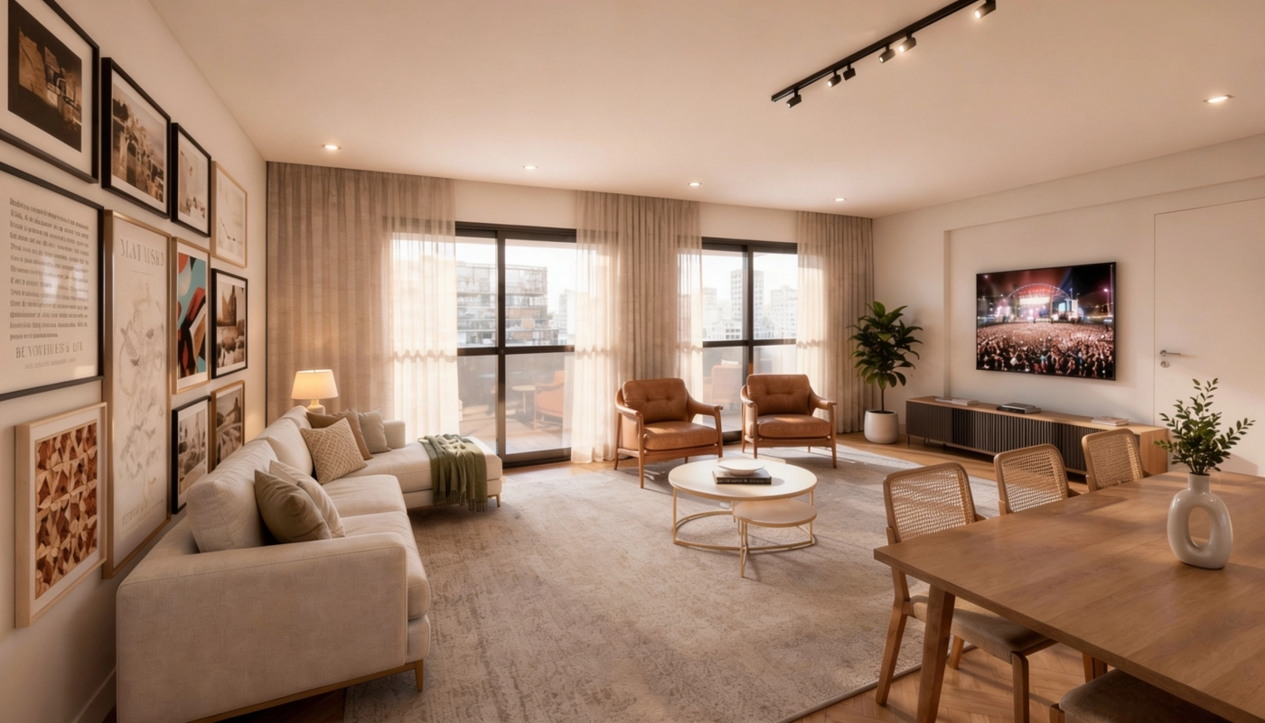 Living apartamento decorado de 117 m²